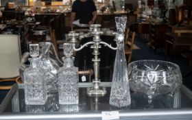 Collection of Quality Glass, comprising two square 11'' decanters with decorative stoppers, a cut