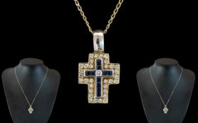 Ladies 18ct Gold - Good Quality Contemporary Diamond and Sapphire Set Small Cross - Attached to a