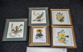 Collection of Six Framed Pictures, to include two Japanese silks of typical form depicting landscape