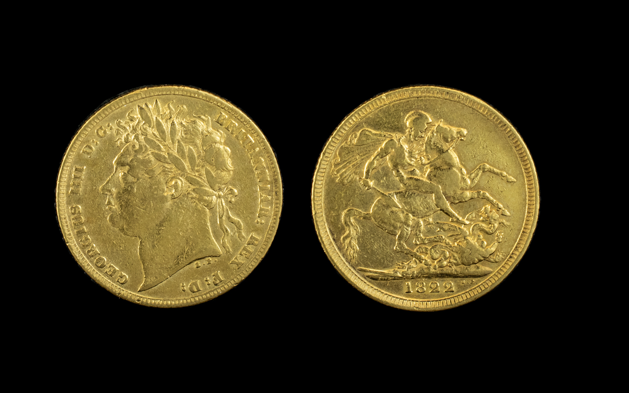 George IV Laurel Head St George Dragon 22ct Gold Full Sovereign - Date 1822. Excellent Grade -