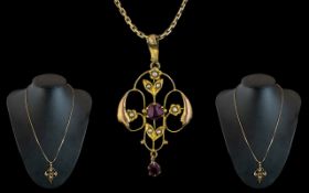 9ct Gold Edwardian Amethyst and Seed Pearl Pendant With Later 9ct Chain. Chain length 18 Inches,