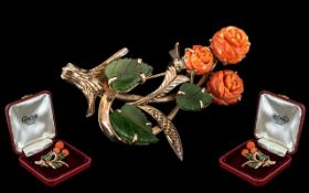 Ladies 14ct Gold - Impressive Coral and Jade Set Flower Brooch, Well Made and Large Proportions.