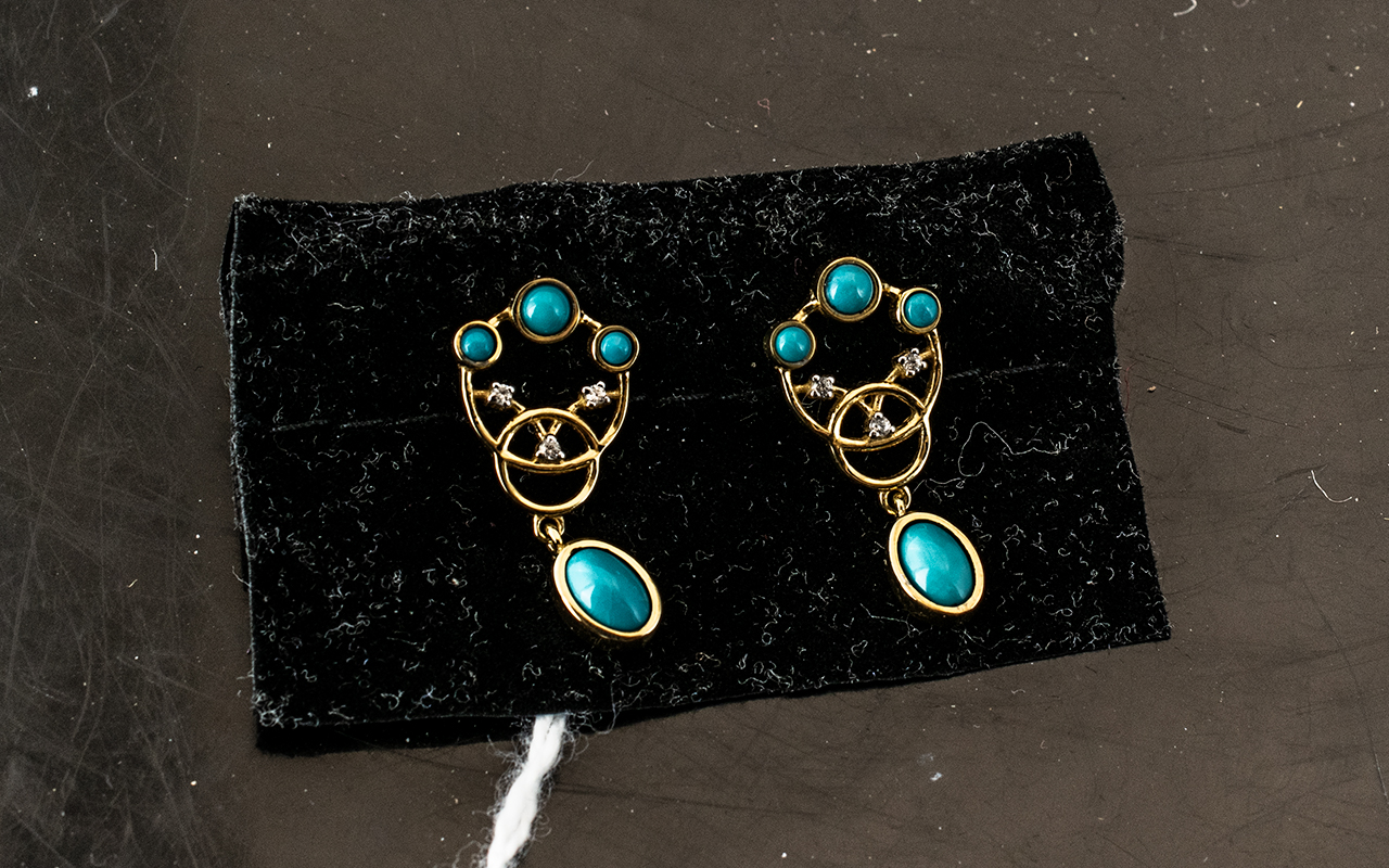 Turquoise Drop Earrings in Belle Epoque Style, with three round cut turquoise cabochons to the top