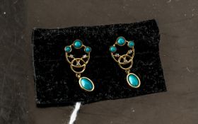 Turquoise Drop Earrings in Belle Epoque Style, with three round cut turquoise cabochons to the top