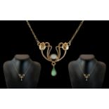 Art Nouveau Style ( Tulips ) Design 9ct Gold Opal Set Pendant Drop with Attached 9ct Gold Chain.