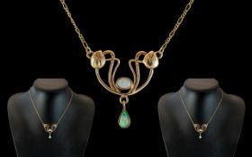 Art Nouveau Style ( Tulips ) Design 9ct Gold Opal Set Pendant Drop with Attached 9ct Gold Chain.