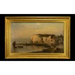After H Eschke Framed Oilograph Antique untitled oil over print base, depicting a harbour scene with