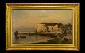 After H Eschke Framed Oilograph Antique untitled oil over print base, depicting a harbour scene with