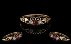 Antique Period - Ladies 18ct Gold 3 Stone Ruby and Diamond Ring. Marked 18ct to Interior of Shank.