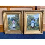 Pair of Fine Watercolour Drawings of Young Girls in an English Woodland Setting, painted in