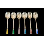Art Deco Period - Pleasing Set of Six Sterling Silver and Enamel Coffee Spoons. All of Various