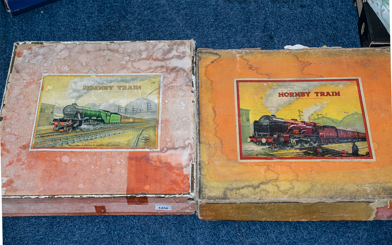 Three Vintage Hornby Boxes, no contents, boxes original, 17'' x 21''. Together with Two Vintage
