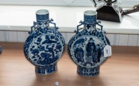 Pair of Oriental Moon Flasks, marks to base, one decorated with dragons and birds and the other with