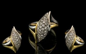 18ct Gold Two Tone Diamond Set Ring, pave set with round brilliant cut diamonds, hallmark rubbed,