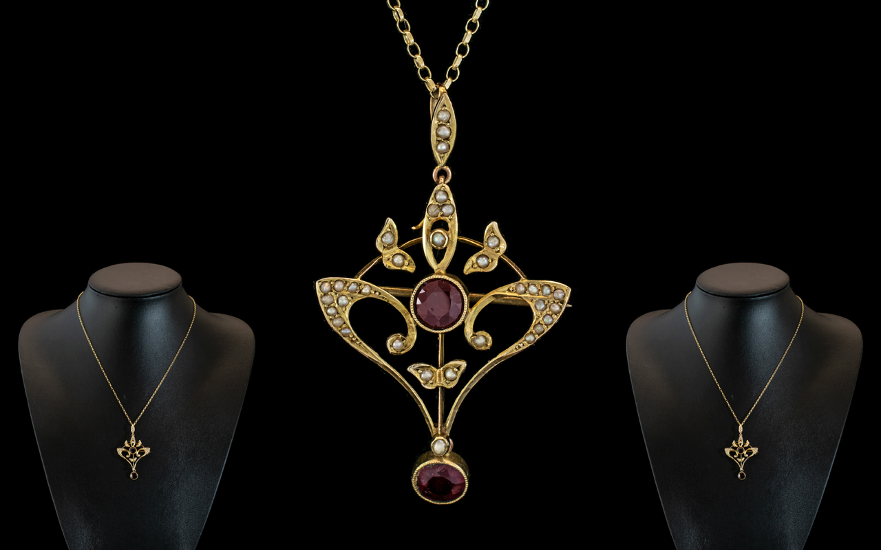 Antique Period - Attractive 15ct Gold Garnet and Seed Pearl Open Worked Pendant / Brooch, With Later