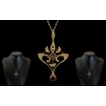 Antique Period - Attractive 15ct Gold Garnet and Seed Pearl Open Worked Pendant / Brooch, With Later