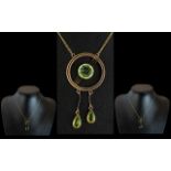 Art Nouveau 9ct Gold Period Set Pendant and Drop of Circular Form, With Integral 9ct Gold Chain.