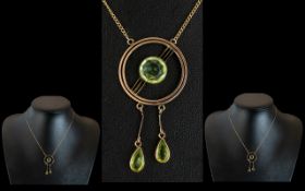 Art Nouveau 9ct Gold Period Set Pendant and Drop of Circular Form, With Integral 9ct Gold Chain.