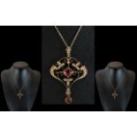 Antique Period Attractive 9ct Gold Garnet - Seed Pearl Set Open Worked Pendant - Brooch, With
