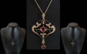 Antique Period Attractive 9ct Gold Garnet - Seed Pearl Set Open Worked Pendant - Brooch, With