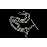 Antique Period - Sterling Silver Double Albert Watch Chain with T-Bar and Double Clasps. Length 16