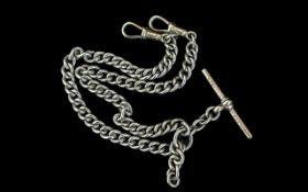 Antique Period - Sterling Silver Double Albert Watch Chain with T-Bar and Double Clasps. Length 16