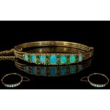 Antique Period - Attractive Well Made 9ct Gold Opal and Peridot Set Hinged Bangle with Safety Chain.