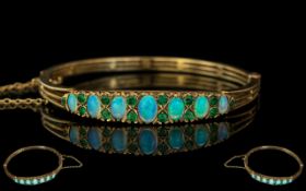 Antique Period - Attractive Well Made 9ct Gold Opal and Peridot Set Hinged Bangle with Safety Chain.