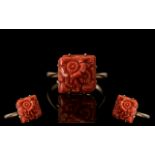 A 9ct Gold Attractive Coral Set Ring. Lotus Flowers Design. Marked 9ct Gold to Shank. Ring Size