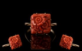 A 9ct Gold Attractive Coral Set Ring. Lotus Flowers Design. Marked 9ct Gold to Shank. Ring Size