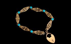 Edwardian Period 1902 - 1910 Superb Ladies 9ct Gold Turquoise Set Bracelet with 9ct Gold Heart