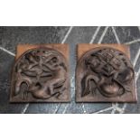 Oriental Vintage Wooden Bookends, Very Detailed In Design. Size Approx Size 6 by 6 by 5.5 Inches.