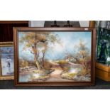 Large Oil on Canvas, depicting a cottage and river scene, in a wooden frame, overall size measures