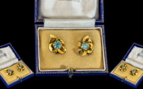 A Ladies Fine Pair of 18ct Gold Blue Zircon Set Earrings, Flower head Design. Est 1.50 ct to Each