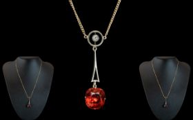 Antique Period - Attractive 9ct Gold Diamond / Fire Garnet Set Pendant Drop with Integral Chain,