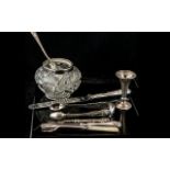 Collection of Silver Items, comprising a pair of tongs, decorative silver handled knife, small