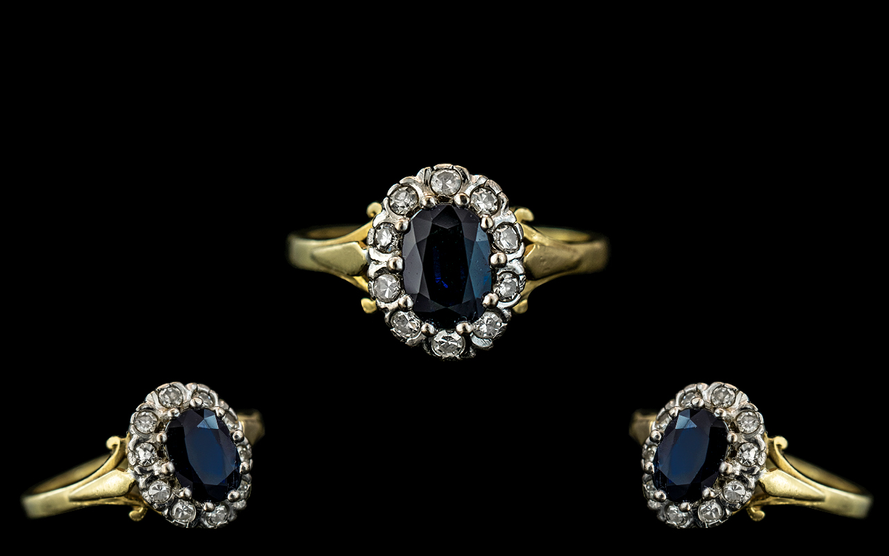 18ct Gold Attractive Sapphire and Diamond Set Cluster Ring, hallmarked to interior of shank, the