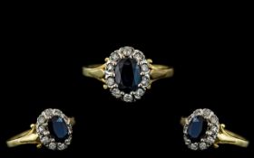 18ct Gold Attractive Sapphire and Diamond Set Cluster Ring, hallmarked to interior of shank, the