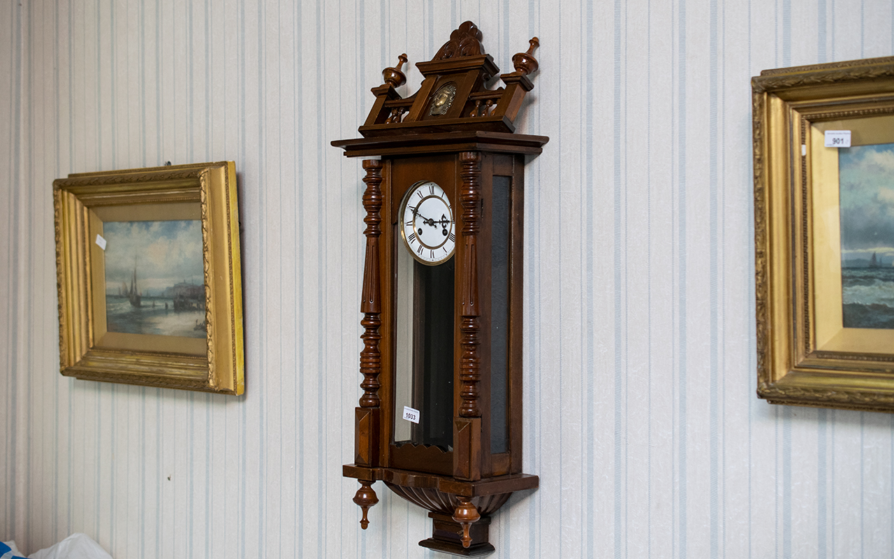 Victorian Style Wall Clock, with galleried top, centre brass decoration, column sides, white clock