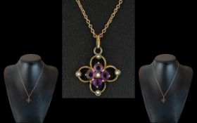 Antique 9ct Gold Garnet and Seed Pearl Set Pendant, Attached to a 9ct Gold Chain, Marked 9ct.