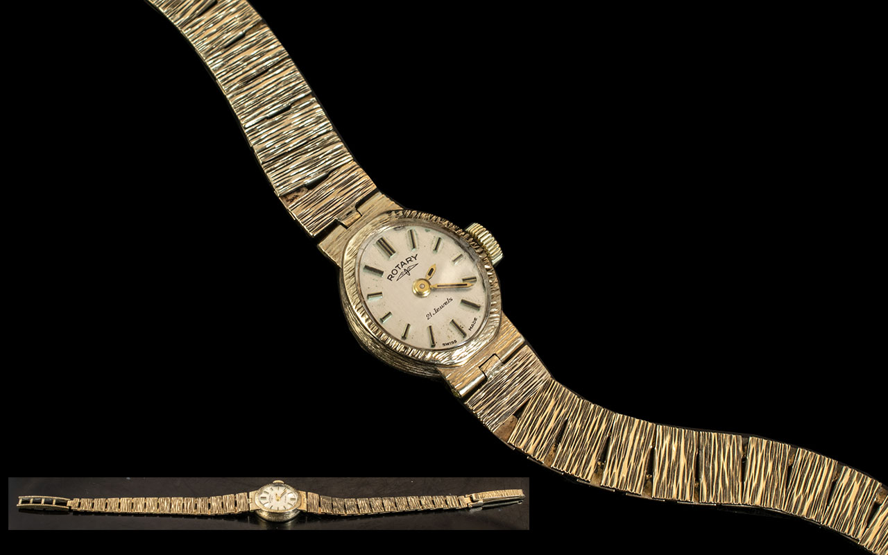 Ladies Rotary 9ct Gold - 21 Jewels Wrist Watch. Case and Strap with Full 9.375 Hallmarks. Weight