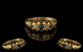 Antique Period 18ct Gold - Attractive Sapphire and Diamond Set Ring. Gallery Setting ( Open Worked )