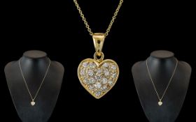 18ct Gold Attractive Diamond Set Heart Shaped Pendant with Attached 9ct Gold Chain. Both Pendant /