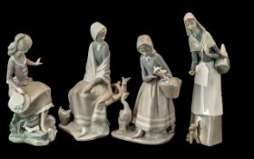 Four Lladro Figures comprising Girl with Basket of Bread & Puppy, Girl with Goose and Goslings, Girl