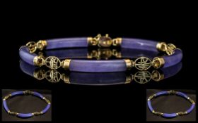 Chinese 14ct Gold and Blue Jade Bracelet. Marked 14ct. Weight 10.1 grams. Length 7.5 Inches - 18.