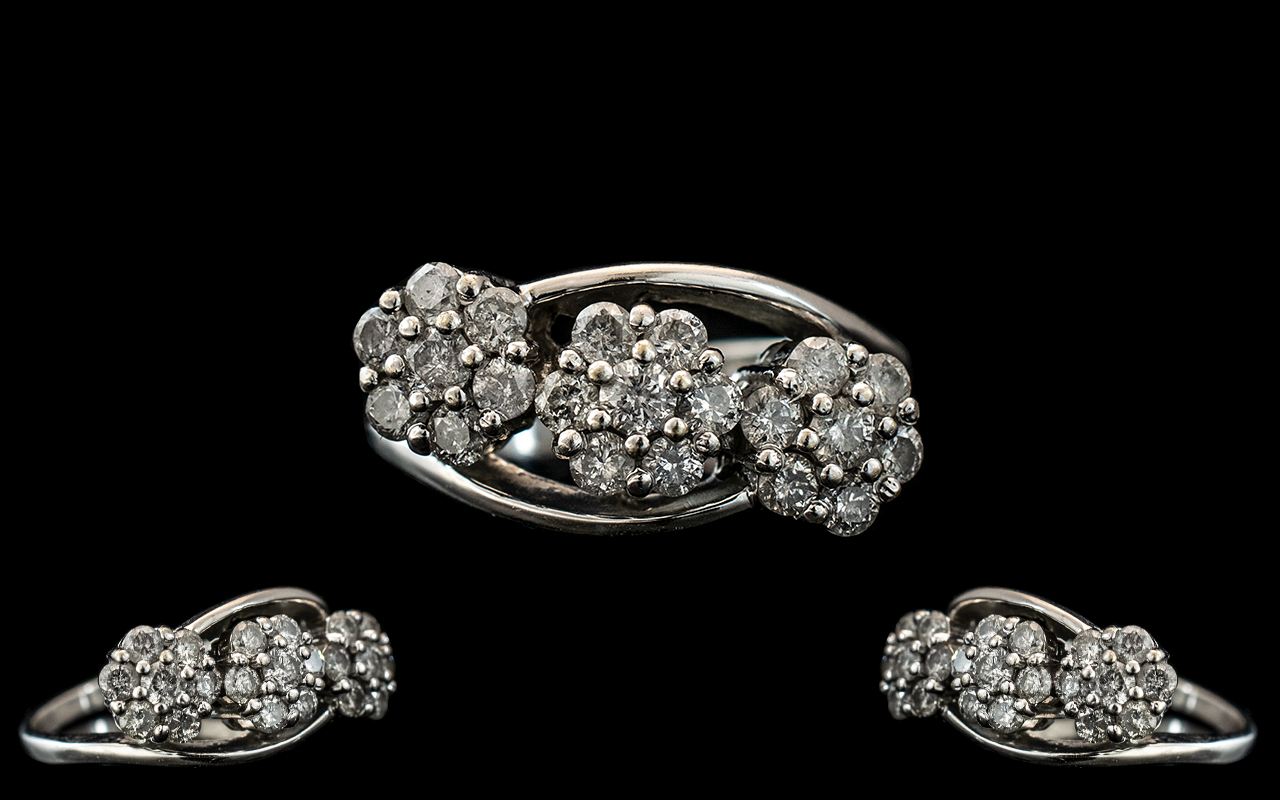 Ladies 18ct White Gold Attractive Triple Cluster Diamond Set Ring, the diamonds being well