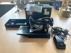 Vintage Singer No: 221k portable sewing machine, with foot peddle, carry case,keys, Instructions,