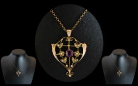 Edwardian Period 1902 - 1910 Attractive 9ct Gold Garnet and Seed Pearl Set Pendant with Integral 9ct