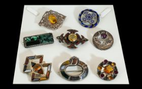 Antique and Vintage Excellent Collection of Silver and Stone Set Brooches ( 8 ) Eight Enamels In