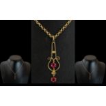 Antique Period - Attractive 9ct Gold Ruby Set Pendant, Attached to a 9ct Gold Belcher Chain. The Two